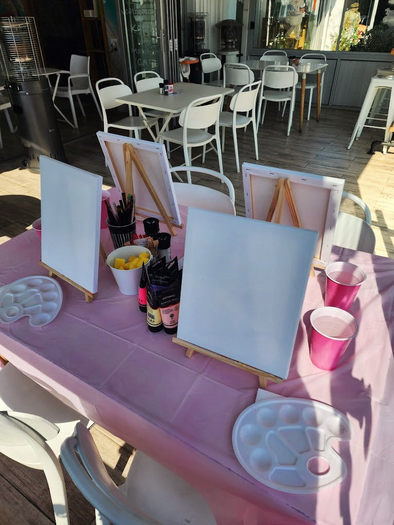 Sip and Paint Party Kit for 4 – Canvases, Acrylic Paint, Palettes & Brushes