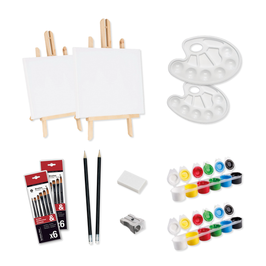 At Home Sip and Paint Date Night Kit For Two – Canvasses, Acrylic Paint, Palette & Brushes