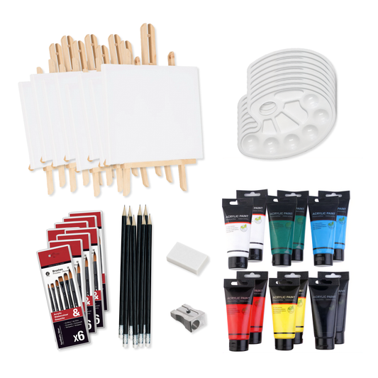 Sip and Paint Party Kit for 8 – Canvases, Acrylic Paint, Palettes & Brushes