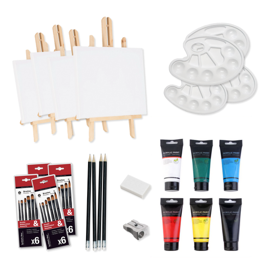Sip and Paint Party Kit for 4 – Canvases, Acrylic Paint, Palettes & Brushes